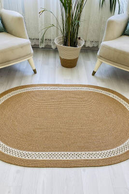 Premium Naturel Krem Oval Dekoratif Kilim Salon Halısı Oturma Odası Halsı 5001 - 2