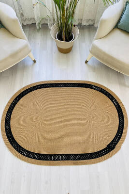 Premium Naturel Siyah Oval Dekoratif Kilim Salon Halısı Oturma Odası Halsı 5002 - 1